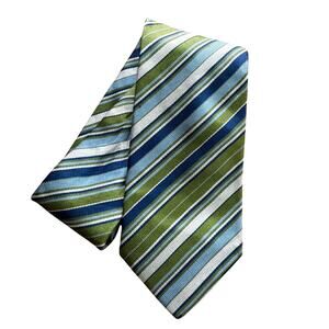 Vintage Burberry London long silk necktie green blue stripe hand made in England